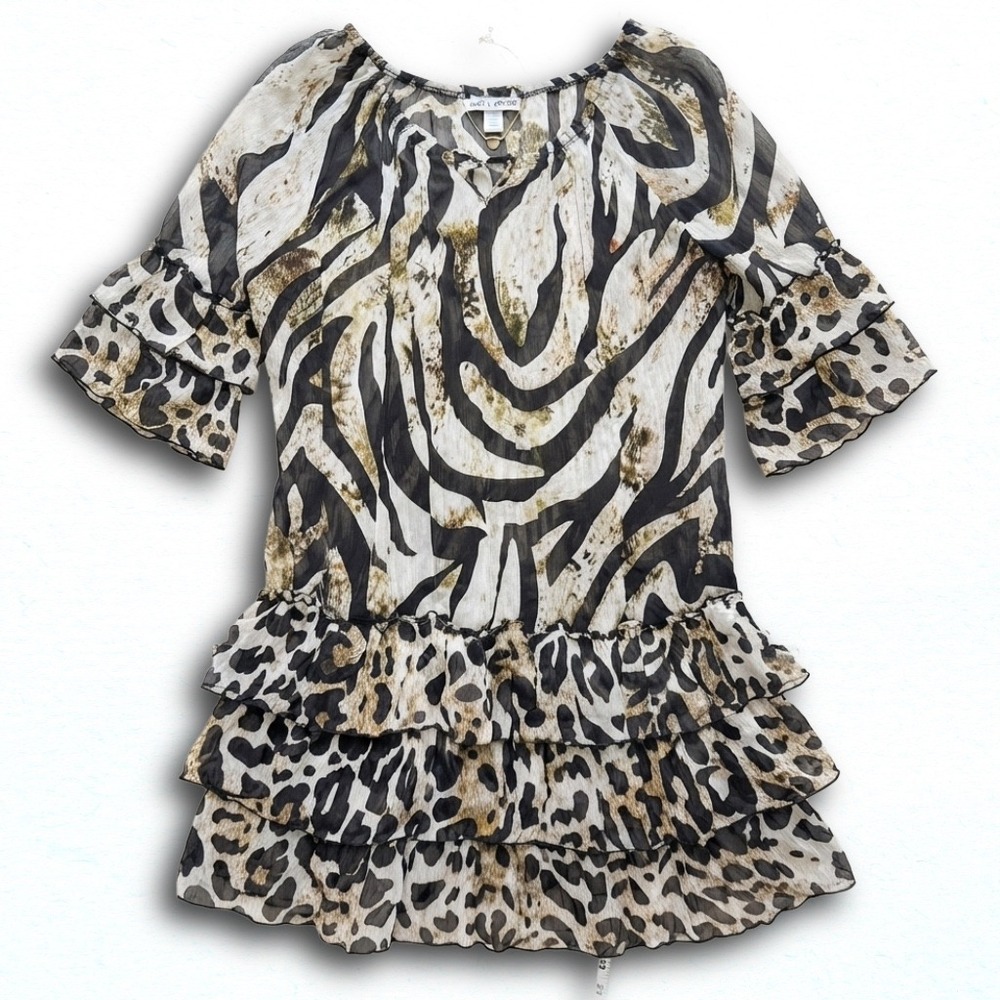 Alberto Makali Animal Print Ruffle Tunic Top Zebra Leopard Chiffon Large